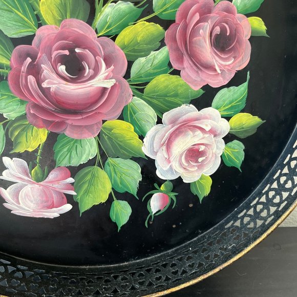Vintage Pilgrim Art Tole Ware Metal Tray With Handles // Handpainted Roses 15.5" - Picture 2 of 10